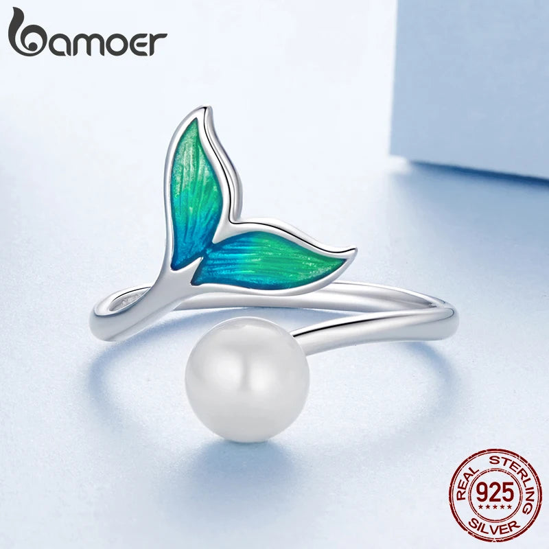 BAMOER Solid 925 Sterling Silver Mermaid Tail Adjustable Ring for Women Girl, Lucky Animal Jewelry Gifts for Women BSR673-E
