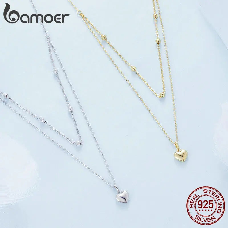 BAMOER 925 Sterling Silver Romantic Heart Pendant Necklace for Women Gold Double Layer Choker Female Fine Jewelry Anniversary