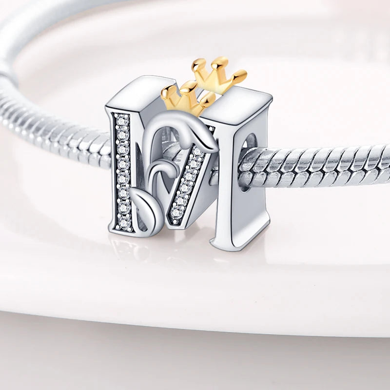 925 Sterling Silver 26 Alphabet A-Z Crown Letters Charms Bead Fit Original Bracelet Fine DIY Charm For Woman Anniversary Jewelry
