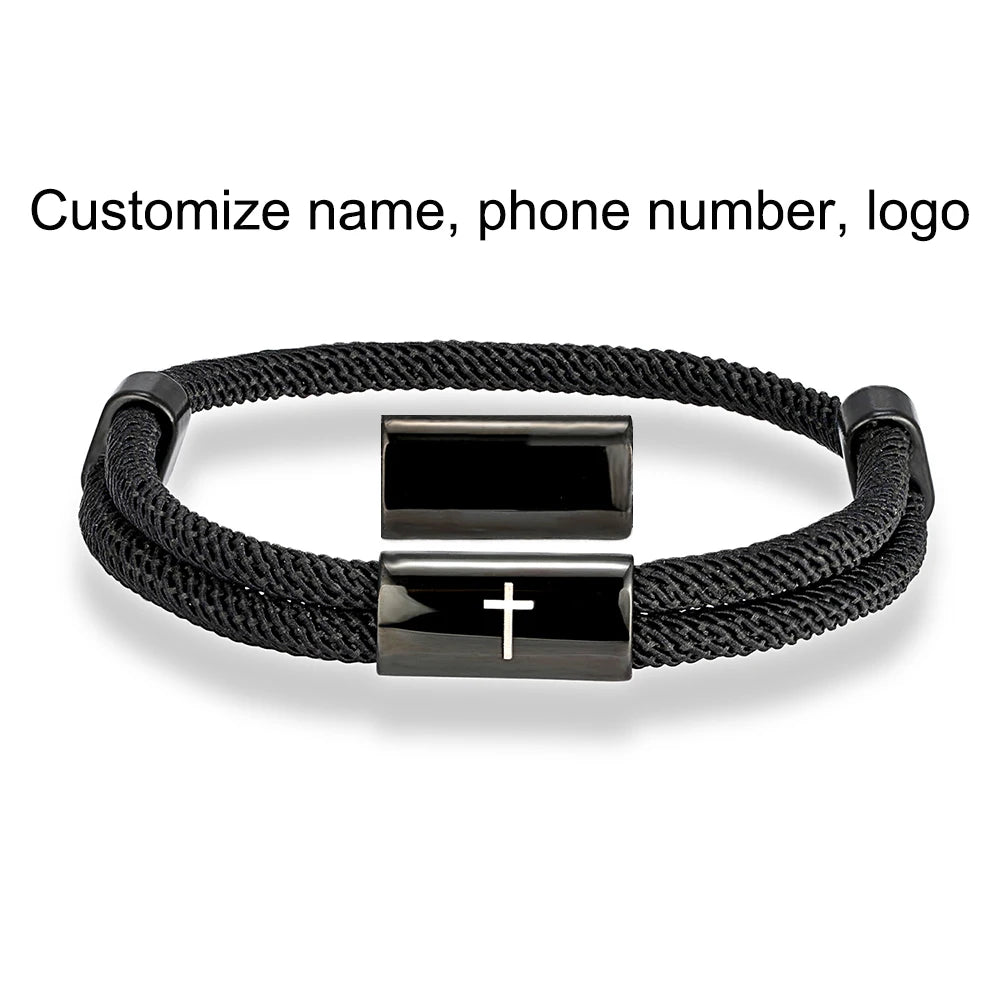 MKENDN Charm Rope Bracelet Cross Black Stainless Steel Bracelets Handmade Men Women Prayer Fitness Chain Couple Jewelry Gift