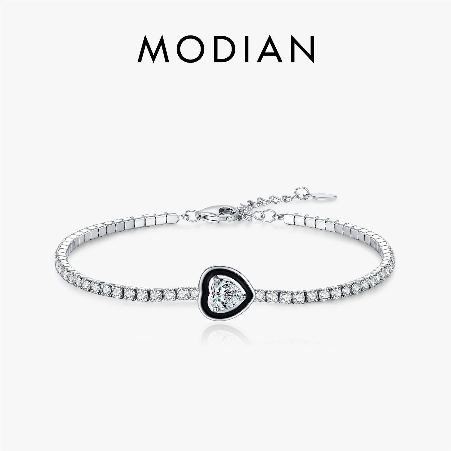 MODIAN 925 Sterling Silver Dazzling Heart Clear CZ Black Enamel Tennis Bracelets For Women Fine Jewelry Accessories