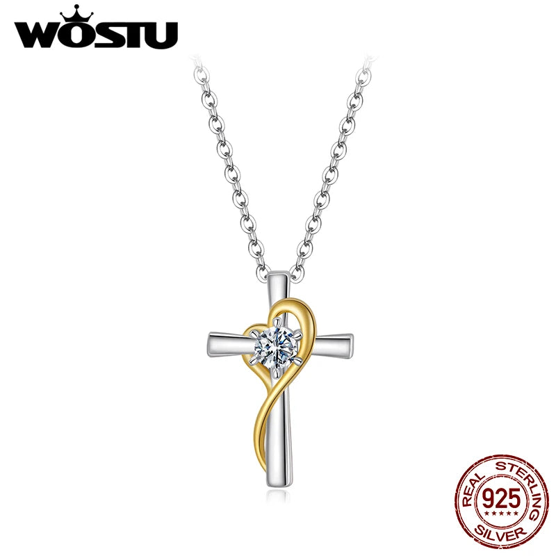 WOSTU Moissanite Cross Pendant Heart Necklace For Women 925 Silver 18K Gold Diamond Cut moissanite Wedding Jewelry Party Gift