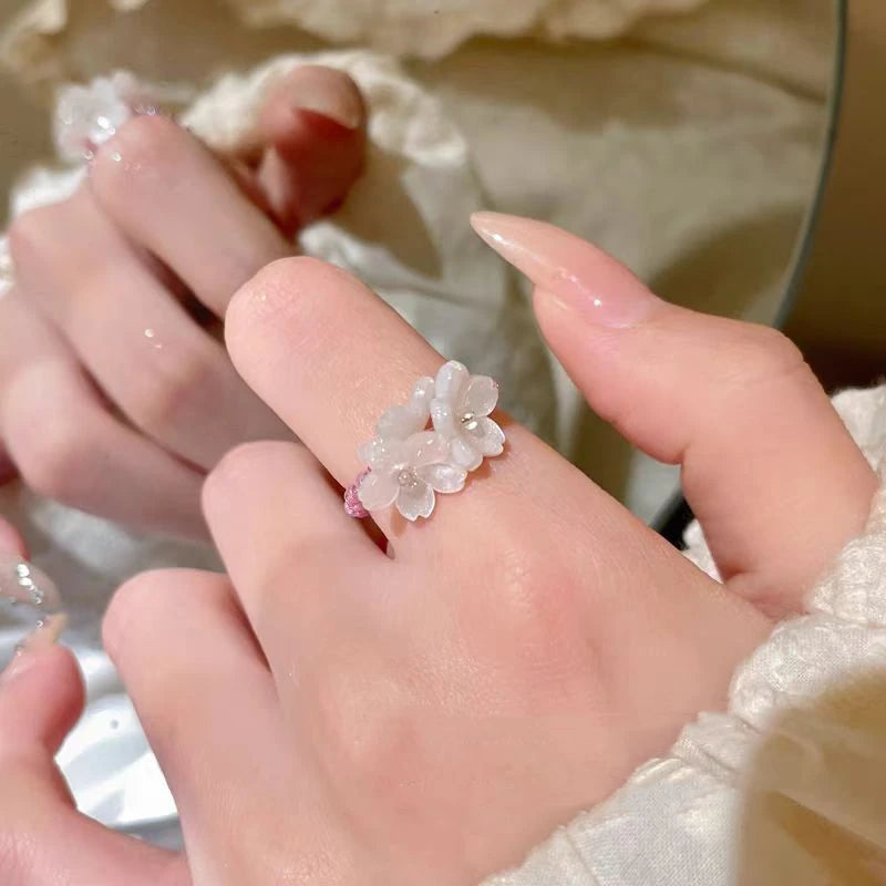 New Romantic Cute Violet Flower Ring For Women Sweet Floral Elastic Beaded Finger Ring Girls Party Festival Jewelry Accessories