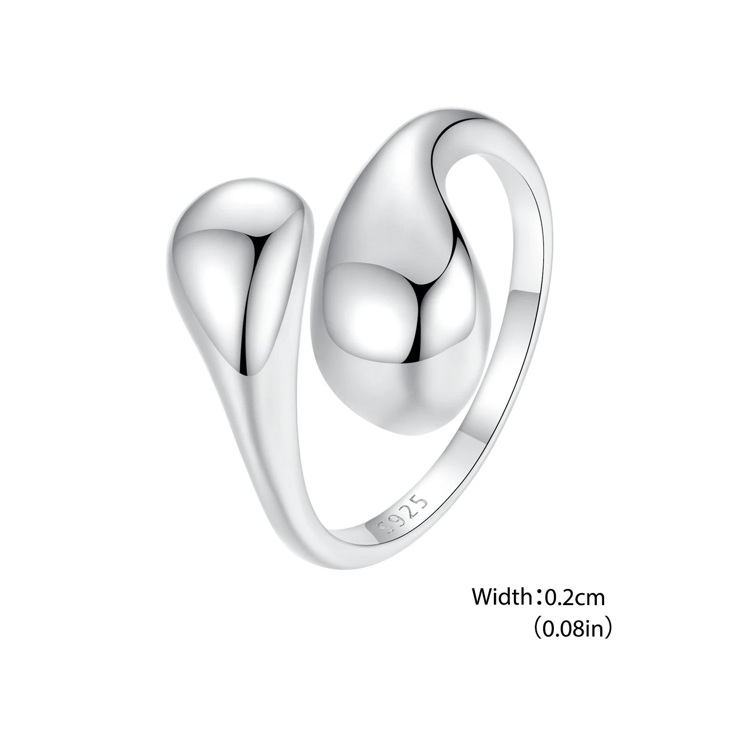 BISAER 925 Sterling Silver Water Droplet Open Ring Metal Statement Band Adjustable 18K Gold-Plated for OL Women Fine Jewelry