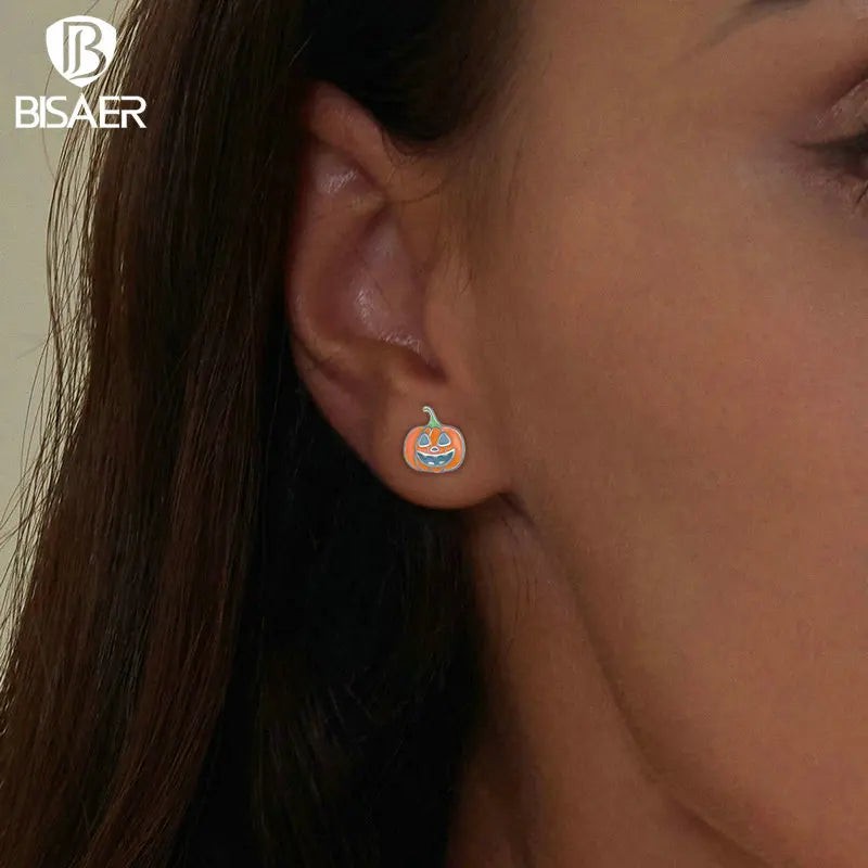 Boucles d'oreilles à tige en argent sterling 925 BISAER en forme de citrouille phosphorescente pour femme, bijoux fins pour fête d'Halloween