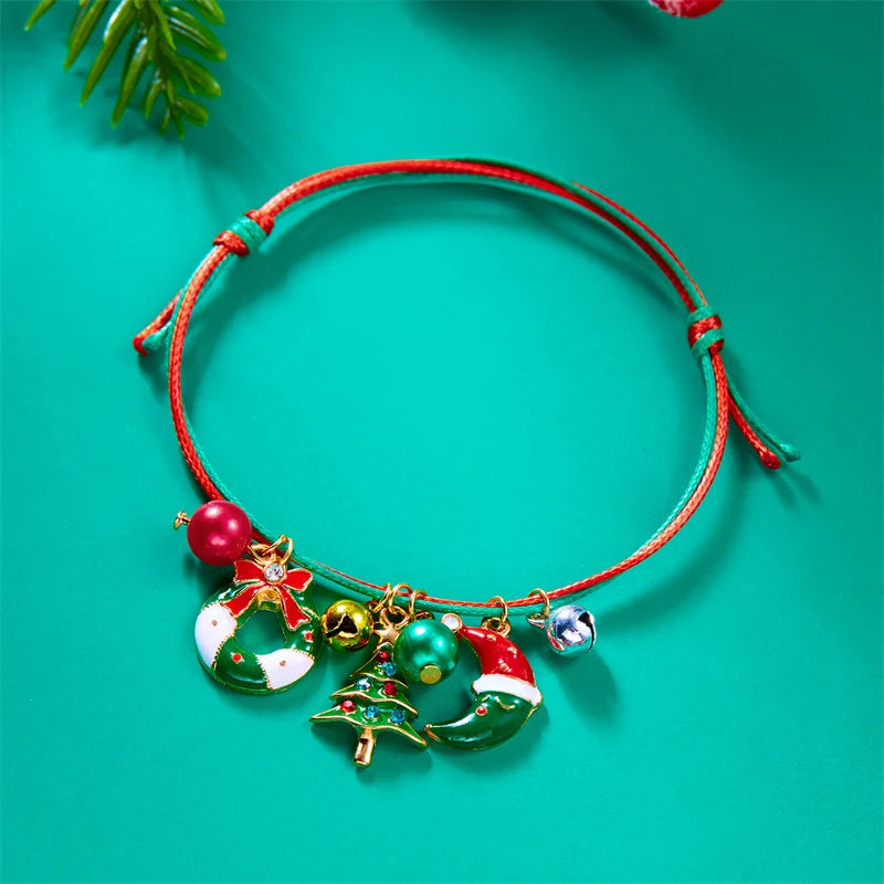 Christmas Handwoven Braided Bracelet For Women Santa Claus Xmas Tree Snowman Crutch Wreath Bell Beaded Adjustable Bracelets