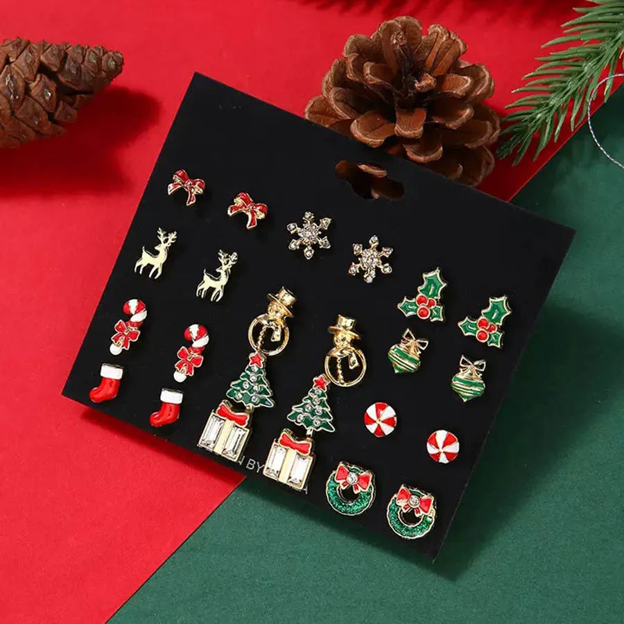 New Super Economical Earring Set 12 Pairs Per Pack Elk Snowman Socks Crutches Christmas Stud Ear Ring Pendant Casual Accessories