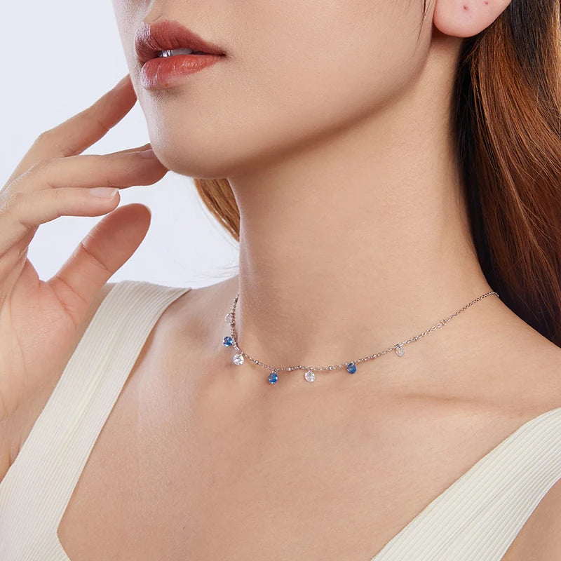 WOSTU 925 Silver Sapphire Blue Round Zircon Pendant Necklace For Women Wedding Jewelry Stackable Choker Links Party Gift