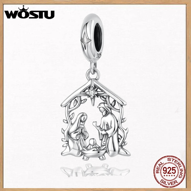 WOSTU 925 Sterling Silver Jesus Nativity Scene Charm The Birth Of Jesus Pendant Fit Bracelet Necklace Making DIY Unqiue Gift