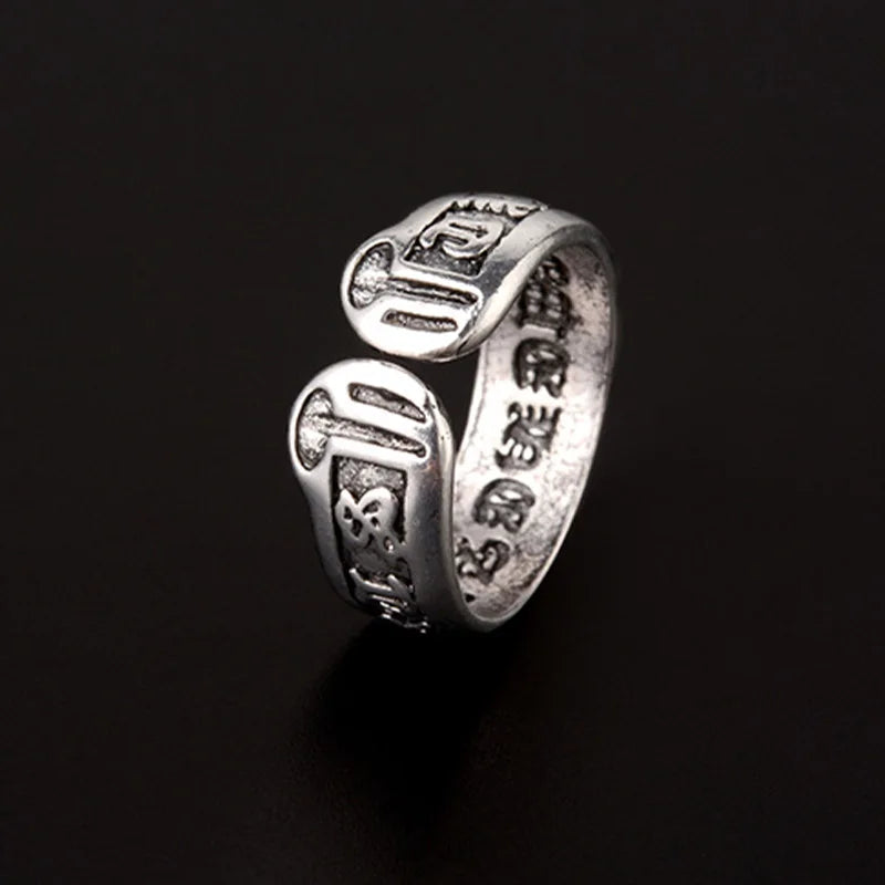 Retro Six Word Admonition Ring For Men Punk Gothic Rock Hiphop Open Ring Unisex Accessories Handmade Designer Jewelry Bless Gift