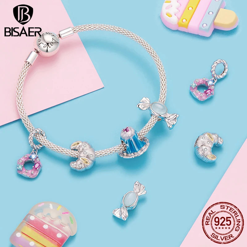 BISAER 925 Sterling Silver Donut Pendant Sweet Candy Coffee Summer Drinks Charm Bead for Women DIY Bracelet Fine Jewelry Gift