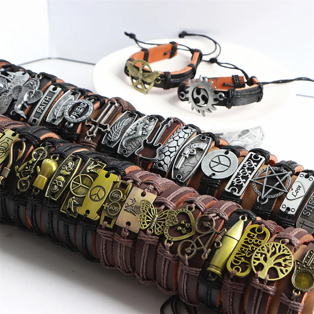 Lot de 10 bracelets vintage, manchettes, breloques en métal vintage, bracelets en cuir en forme d'étoile, bijoux pour femmes et hommes, amis