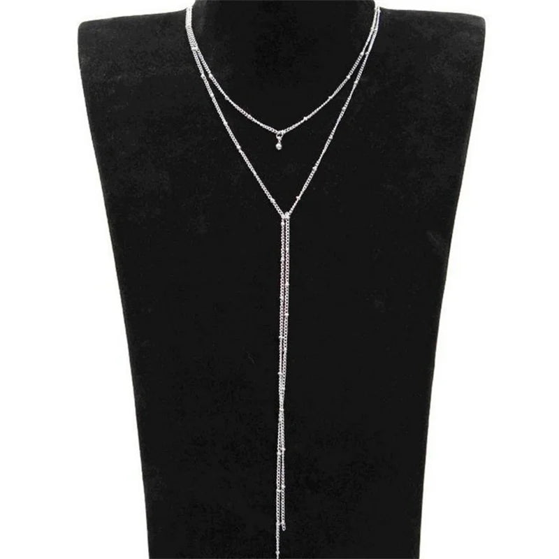 Simple Gold Color Beads Chain Necklace For Women Girls Double Layer Bead Long Tassel Metal Sweater Chain Bohemia Charm Jewelry