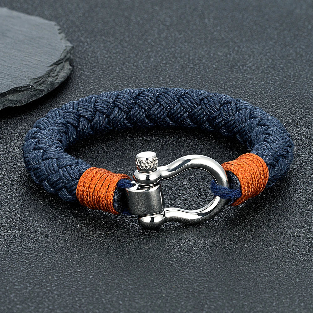 MKENDN Navy Style Wide Rope Bracelet Luxury Men Stainless Steel Shackle Buckle Wrap Bangles Handmade Jewelry Gift