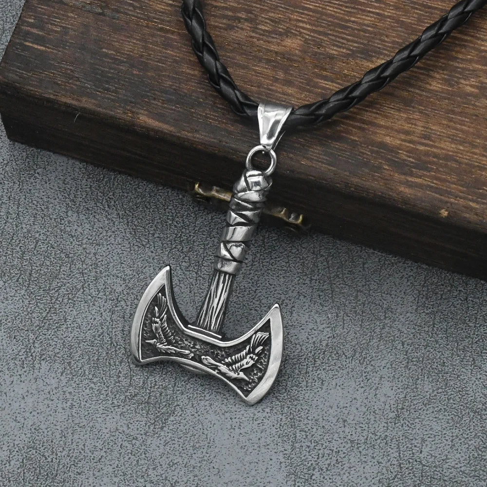 Odin Raven Double Axe Vintage Viking Pendant Stainless Steel Celt Knot Necklace Men's Scandinavian Jewelry Gift