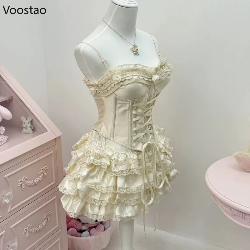 Sweet Harajuku Lolita Princess Skirt Suits Japanese Design Sense Women Bow Tank Tops Mini Cake Skirts Lace Hot Chick 2 Piece Set