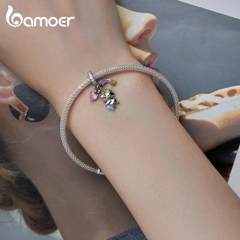 Bamoer 925 Sterling Silber Regenbogen &amp; Einhorn Perle Hübscher Pferdeanhänger Charm für Damen Original Halskette Armband SCC2468