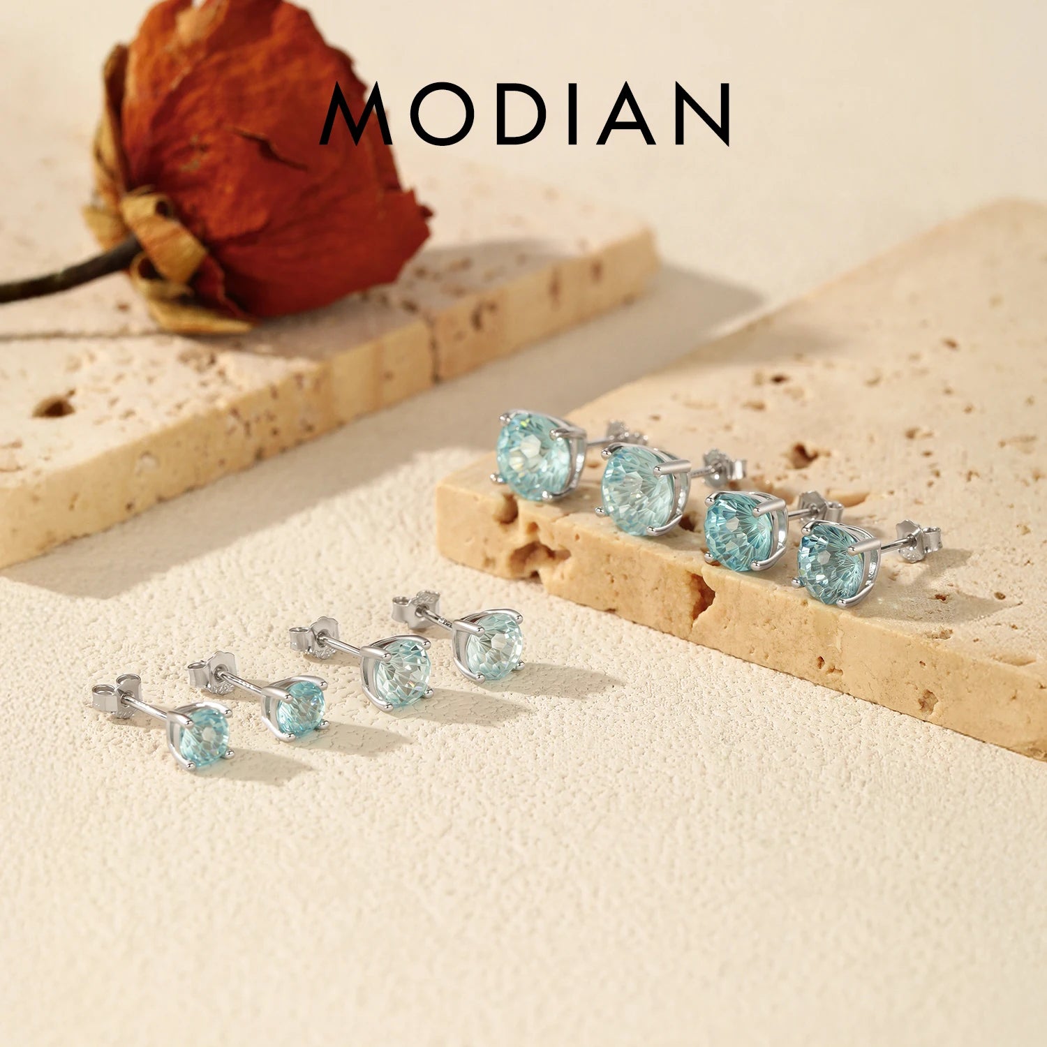 MODIAN 925 Sterling Silver Unisex Light Blue Firework Cut Zirconia Round Studs Earrings For Women And Men Fine Jewelry