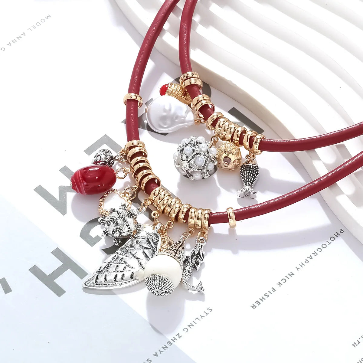 ZAA Luxury Multi-layer Leaf Small Fish Heart Pendant Leather Rope Necklace