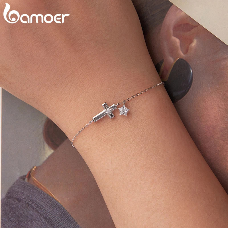BAMOER 925 Sterling Silber Sternenkreuz-Armband mit Zirkonia-Sternanhänger, verstellbar, perfektes Geschenk für Damen – ideal für Sommer und Alltag