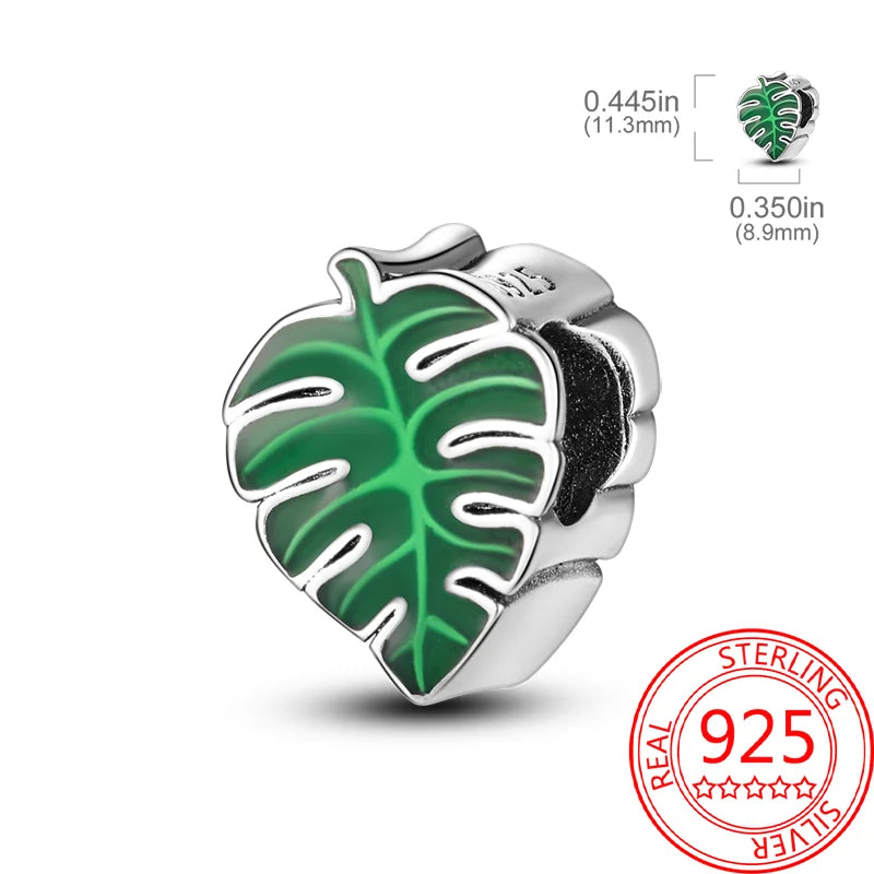 925 Sterling Silver Charm Green Monstera Leaves Charm Fit Bracelet Original Charm Bead for Women Jewelry DIY Making Fine Gift
