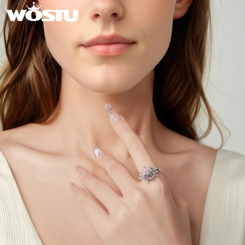 WOSTU 925 Sterling Silver Rotatable Helm Ring Steer Ships Ocean Original for Women Wife Anniversary Birthday Fine Jewelry Gift