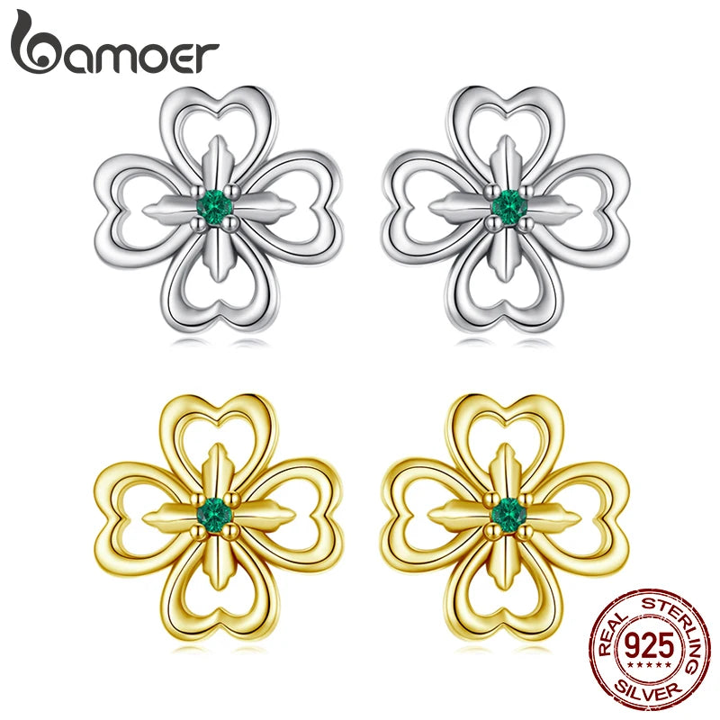 BAMOER 925 Sterling Silver Four Leaf Clover Cross Stud Earrings for Women Teens Hypoallergenic Cute Hollowed Flower Jewelry Gift