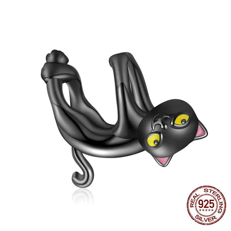 WOSTU 100% 925 Sterling Silver Cute Kitty Black Cat Charms Animal Bead for Women Fit Original DIY Bracelet Necklace Jewelry Gift
