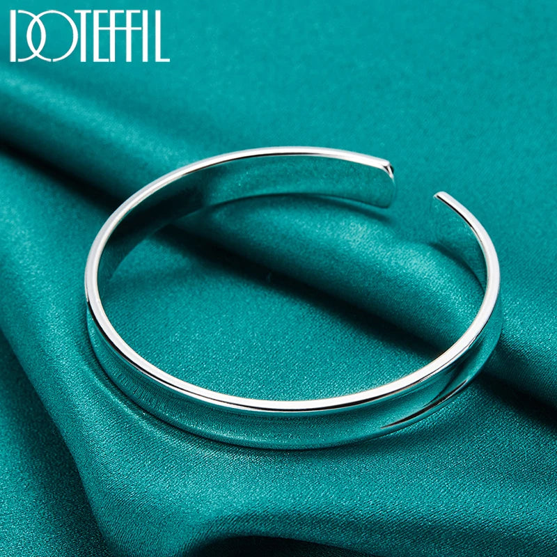 DOTEFFIL 925 Sterling Silver Smooth 8mm Adjustable Bangle Bracelet For Woman Man Fashion Wedding Engagement Party Jewelry