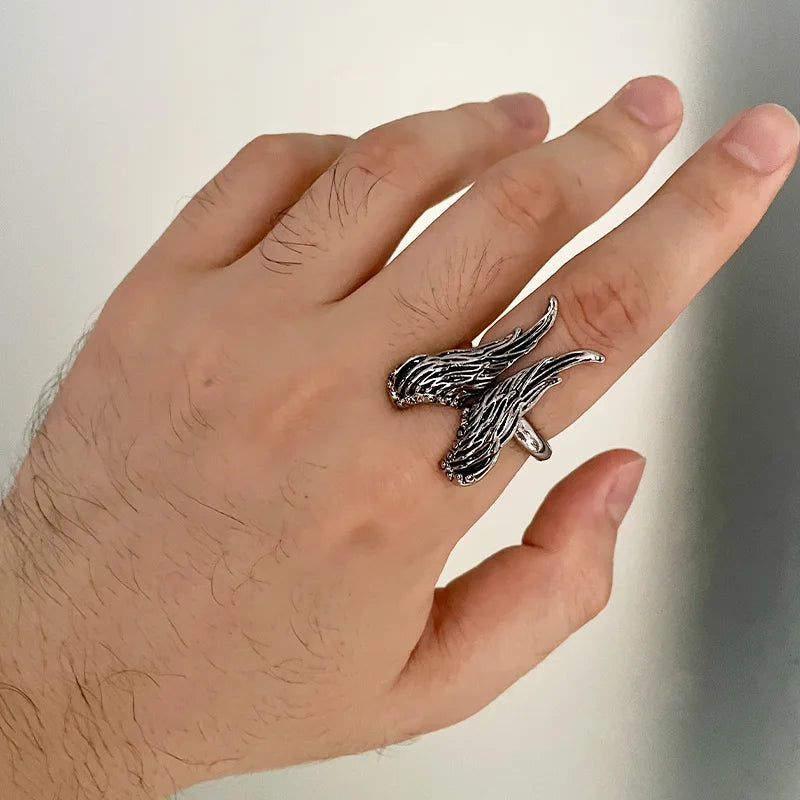 Retro Big Angel Wings Ring For Men Women Silver Color Punk Gothic Open Ring Handmade Designer Jewelry Unisex Accessories Gift