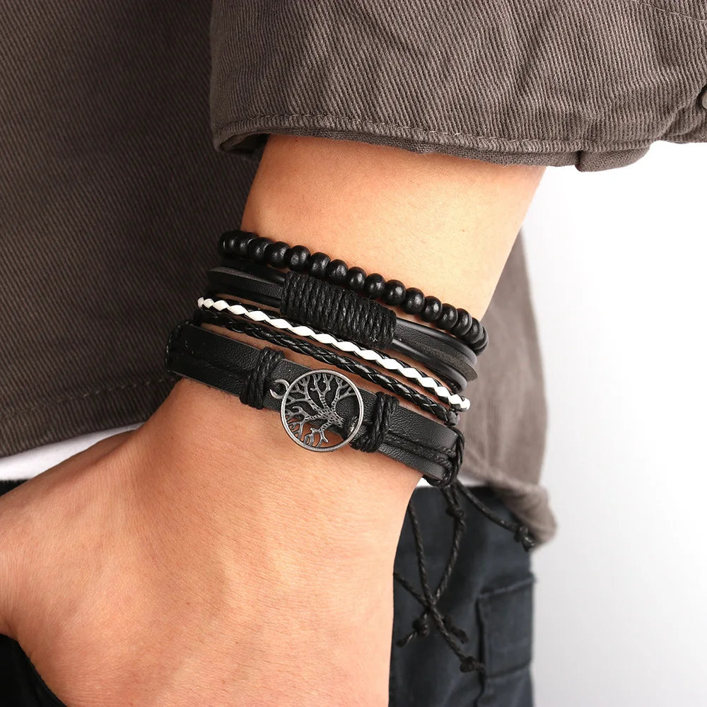 Ensemble de quatre accessoires en alliage Arbre de Vie : bracelet en cuir pour homme, perles en bois et ornement en cuir tissé à la main.