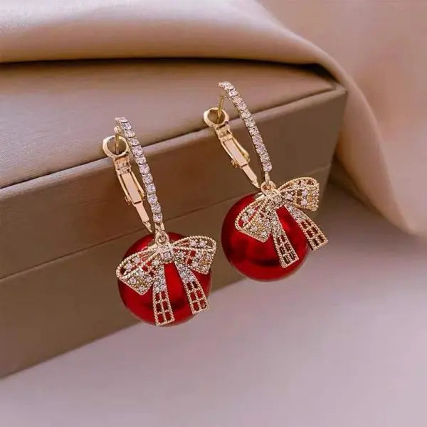 Christmas Red Zircon Crystal Bow Stud Earrings For Women Heart Shape Bowknot Christmas Earring Girl New Year Festival Jewelry