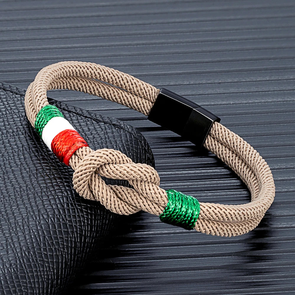 MKENDN Italy Mexico Flag Bracelet for Men Women Handmade Woven Rope with Black Stainless Steel Buckle Couple Jewelry Gifts
