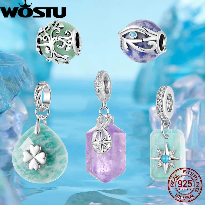 WOSTU 925 Sterling Silver Lucky Amazonite Pendant Starry Amethyst Energy Charm Original for Women Birthday Daily Fine Jewelry