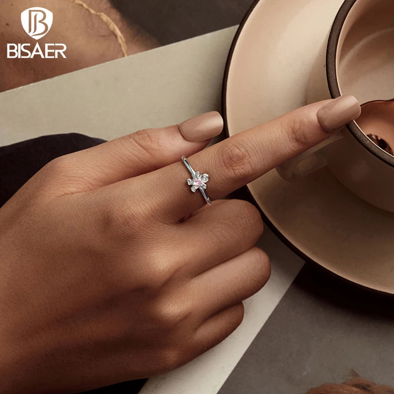 Bague ouverte en argent sterling 925 BISAER en forme de bonhomme en pain d'épices, taille réglable 5 à 9, plaquée or blanc pour femme, bijoux fins de fête