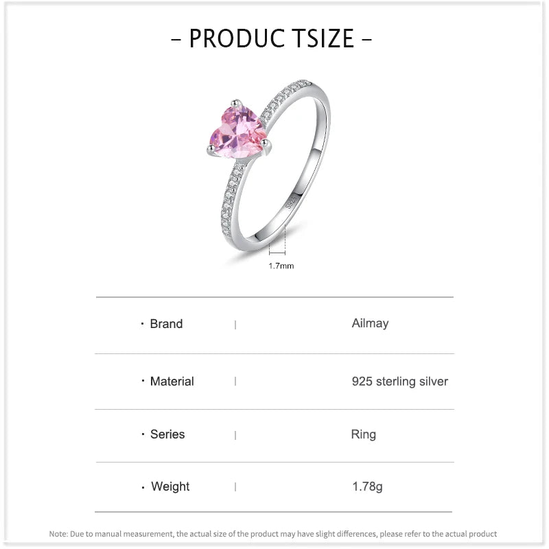 Ailmay 925 Sterling Silver Sparkling Romantic Pink Heart Clear CZ Finger Rings For Women Trendy Wedding Accessories Jewelry Gift