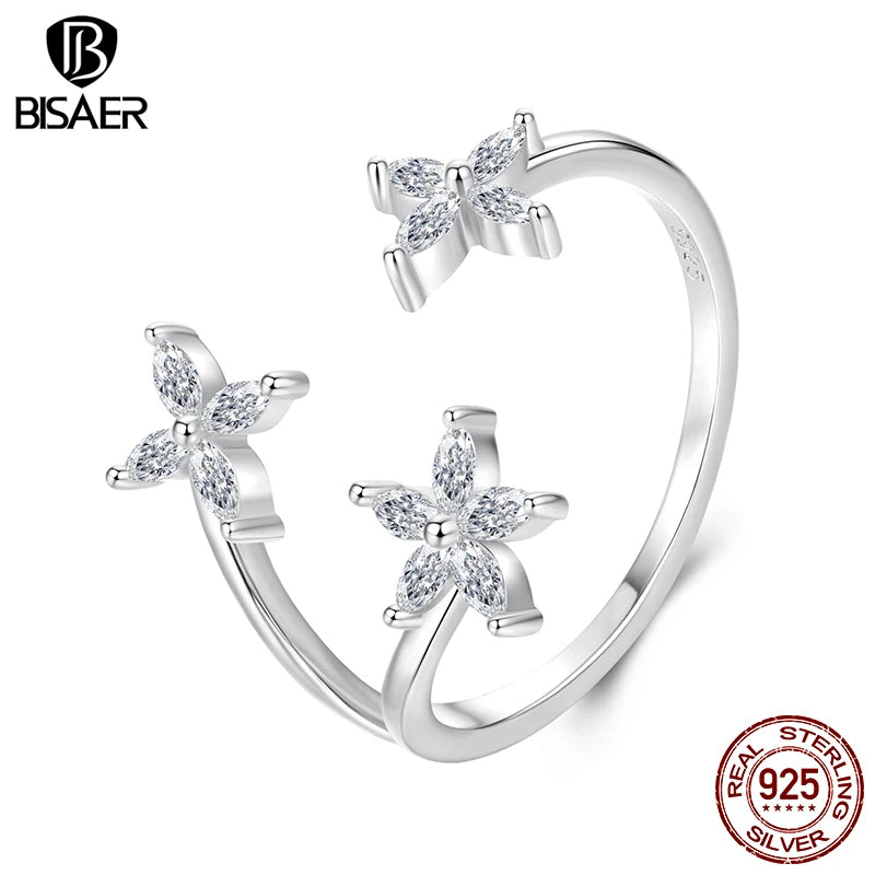 BISAER 925 Sterling SilverAutumn Leaves Open Ring Sparkling Leaf Zircon Band Plated White Gold for Women Party Fine Jewelry Gift