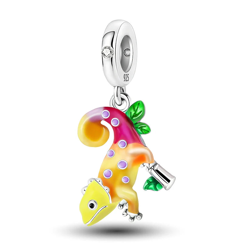 925 Sterling Silver Pink Chameleon  Luminous Firefly Dog Charms Bead Fit Diy Bracelet Bangle Making Gift of High Quality Jewelry