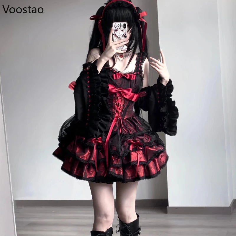 Japanese Gothic Lolita Jsk Dress Women Harajuku Y2k Bow Lace Ruffles Evening Party Mini Dresses Punk Kawaii Black Red Vestidos