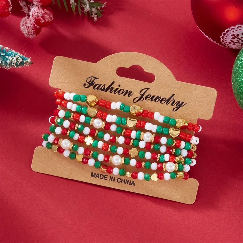 Multilayer Christmas Rice Beads Beaded Bracelet Set For Women Santa Claus Xmas Tree Crystal Polymer Clay Beads Bracelets Jewelry