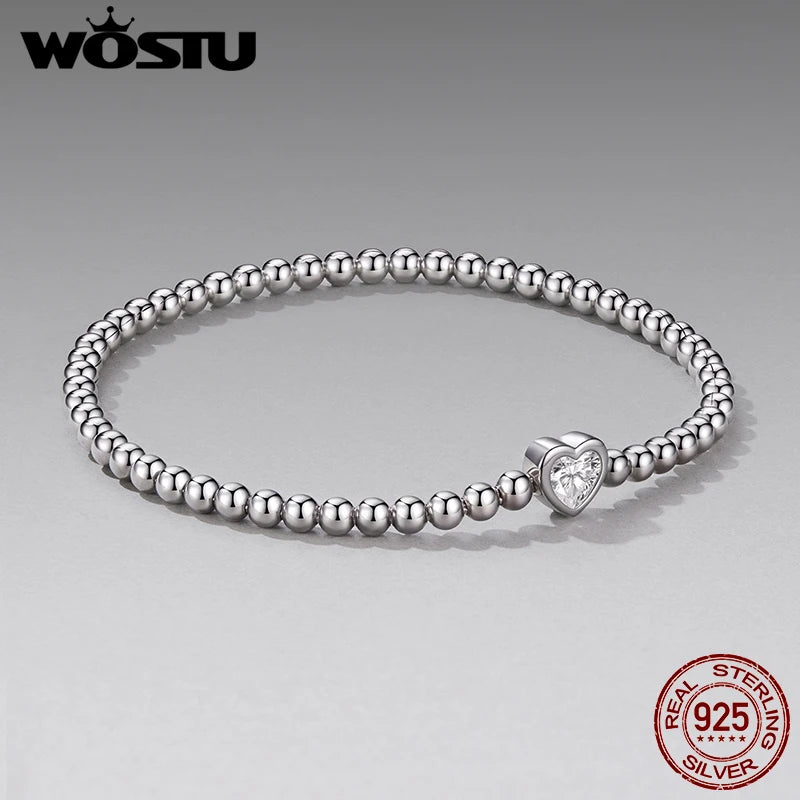 WOSTU 925 Silver Bead Bracelet with 7mm Heart Round CZ,  Adjustable Spring bangle Bracelet to 16-19cm Valentines Day Jewelry