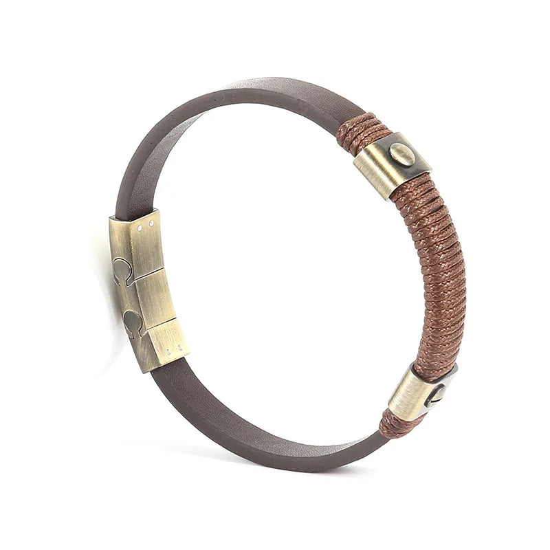 MKENDN Retro Gold Color Stainless Steel Magnetic Buckle Bracelet for Men Brown Leather Wristband Bracelet Fashion Jewelry Gift