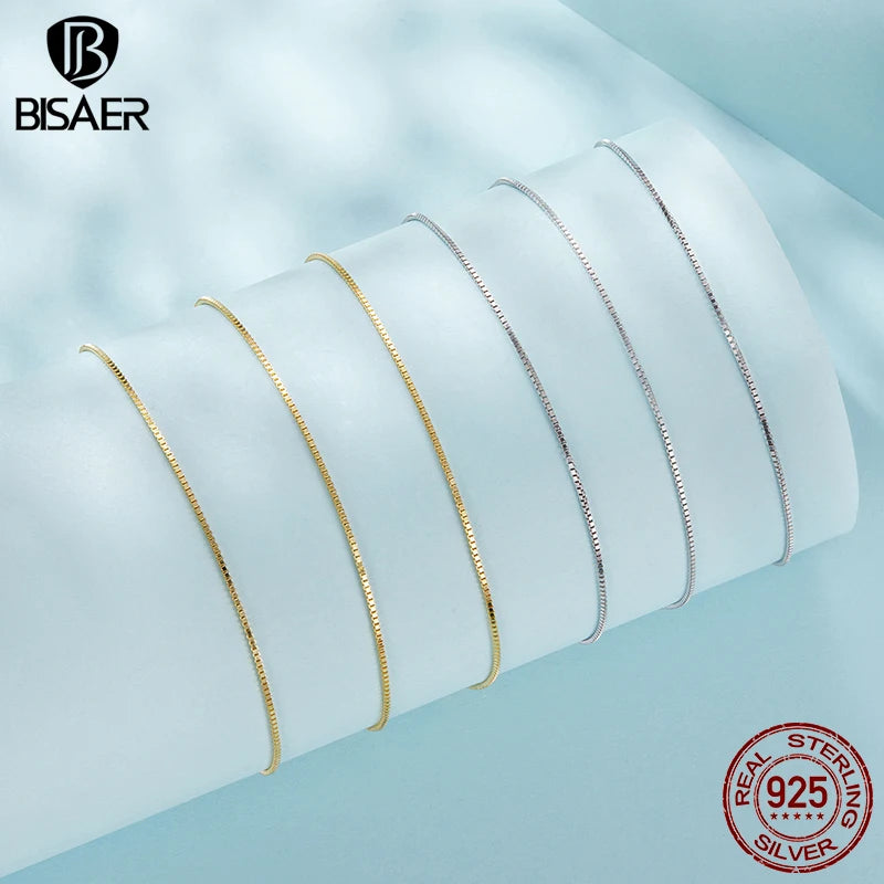 BISAER 925 Sterling Silver Box Basic Chain Necklace Lobster Clasp Optional 40 45 50cm Plated White Gold Women Men Party Jewelry