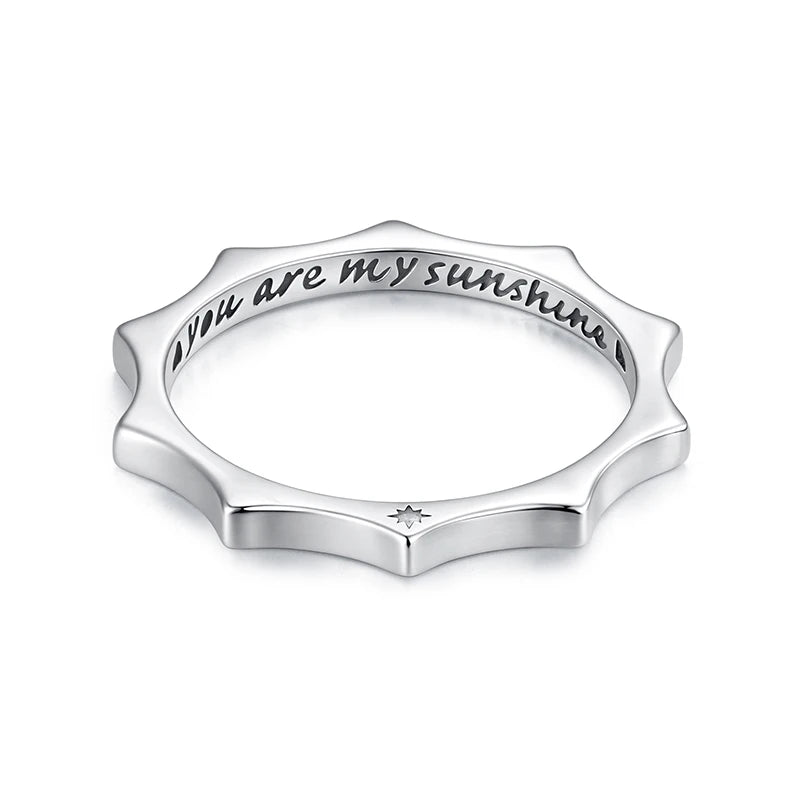 BAMOER 925 Sterling Silver Curved Sun Ring Engraved 'you are my sunshine’ Band Ring Original for Women Simple Statement Gift