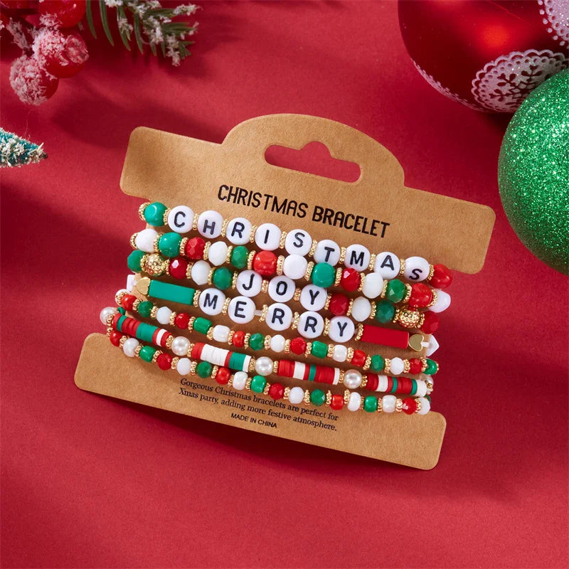 Multilayer Christmas Rice Beads Beaded Bracelet Set For Women Santa Claus Xmas Tree Crystal Polymer Clay Beads Bracelets Jewelry