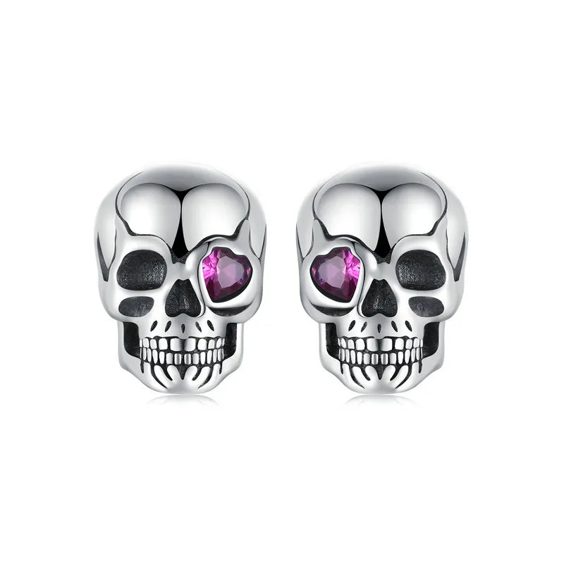 WOSTU Real 925 Sterling Silver Vintage Skull Stud Earrings For Women Rose red Heart Zircon Studs Earring Punk Jewelry Party Gift