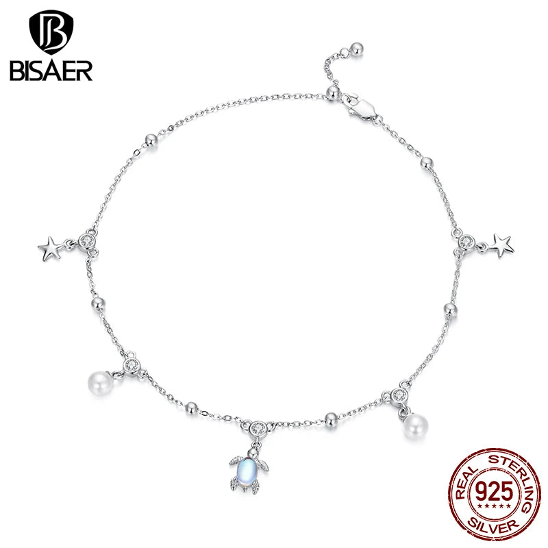 BISAER 100% 925 Sterling Silver Turtle Anklets Starfish Shell Beads Chain Anklet For Women Party Fine Jewelry Holiday Gift