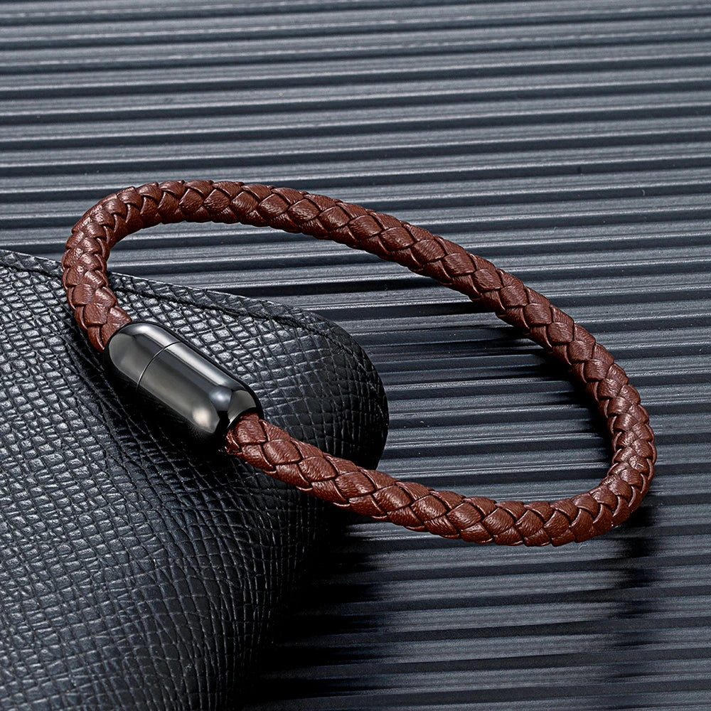 MKENDN Classic Men Leather Bracelet Woven Braided Leather Bracelets For Women Black Stainless Steel Jewelry Charm bangle