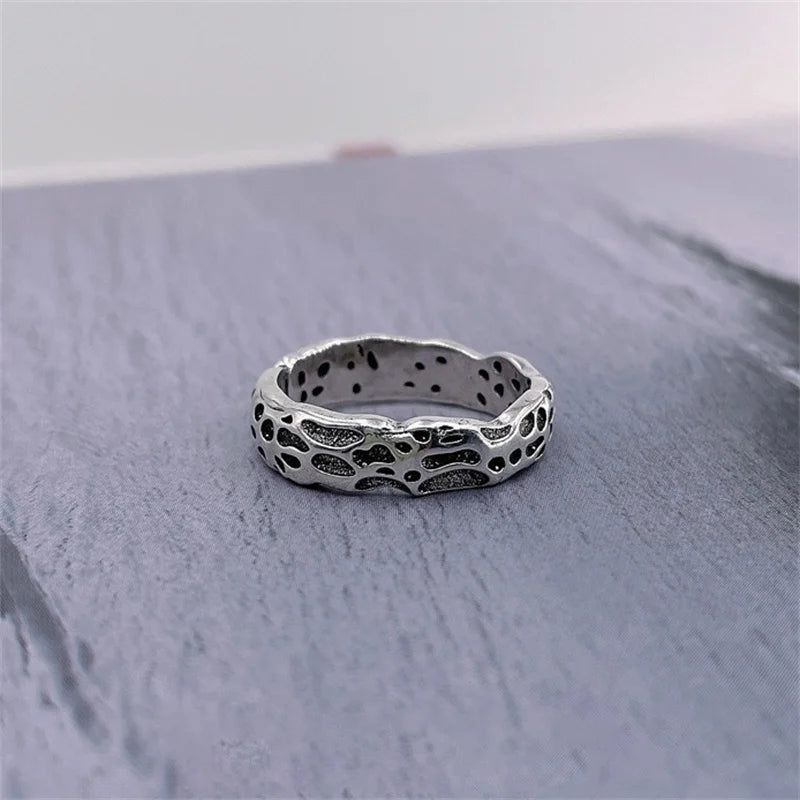 Retro Rielf Lunar Crater Pattern Ring For Men Jewelry Trendy Silver 925 Ring Male Index Finger Accessories