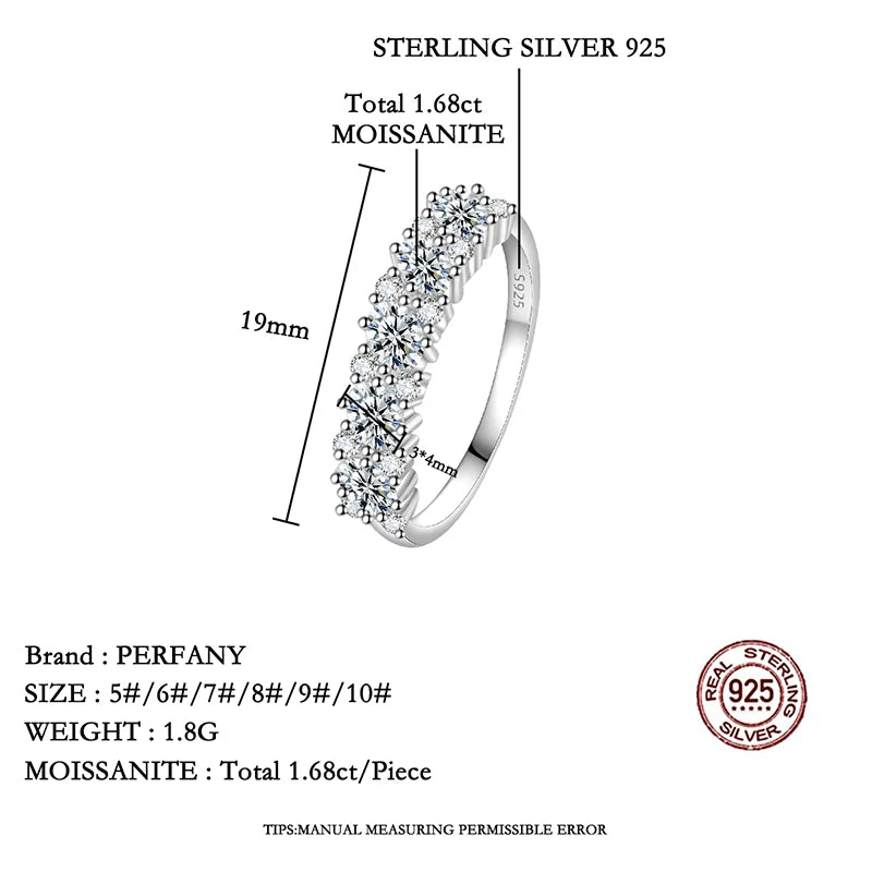 PERFANY Total 1.68CT Moissanite Ring for Women S925 Silver Sparkling Laboratory Certified Diamond Wedding Ring Luxury Jewelry